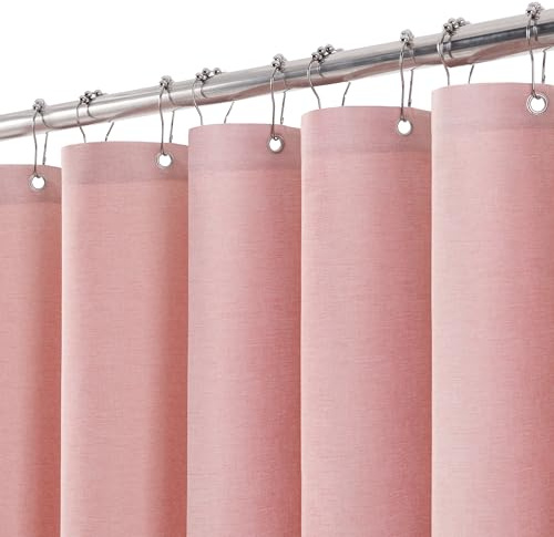 VANZAVANZU Duschvorhang Leinen mit Metall Duschvorhangringe Stoff Textil Badewannenvorhang Anti Schimmel Bad Vorhang Set Wasserdicht Schwerer Badewanne Vorhang - 182 x 182cm (Rosa)