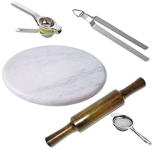 Radhna Chakla Belan Combo Includes - (White Marble Chakla/Rolling Board + Wooden Belan/Rolling Pin for Kitchen + Chimta/Kitchen Tongs/Serving Tongs + Lemon Squeezer+ Small Tea Strainer)
