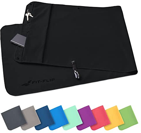 Fit-Flip Fitness Handtuch aus Mikrofaser - mit Magnet und Reißverschluss Tasche - Fitnesshandtuch für Sport und Gym - Kompakt & Schnelltrocknend - Sporthandtuch Fitnessstudio - Schwarz - 130x48cm
