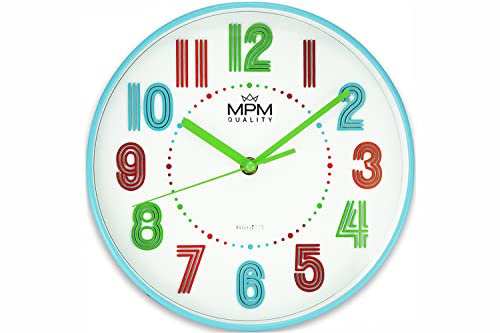 MPM Quality Bunte Kinder Wanduhr aus Kunststoff mit großen 3D-Ziffern, Weiß/Blau, ∅ 255 x 45 mm, geeignet für Kinderzimmer, Quarz-Uhrwerk Sweep, für ungestörtes Spielen, für Jungen und Mädchen