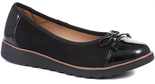 Pavers Womens Leather Ballet Pumps in Black Patent - Casual Flats - Comfort Footwear with High Shine Toe Cap & Delicate Bow Detail - Size UK 7 / EU 40