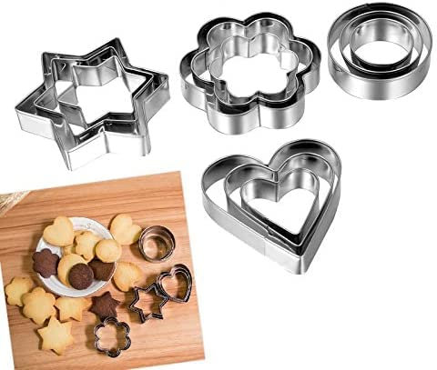 Toysrex Fancy Shapes Set of 12 Metal Cookie Cutters Round Heart Flower Star Biscuit