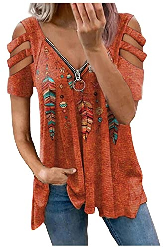 TIMEMEAN Shirts Femmes Chemise Tunique Découpée à épaules Dénudées Chemisier Fluide Imprimé Plumes à Col en V Et Fermeture à GlissièRe De Grande Taille