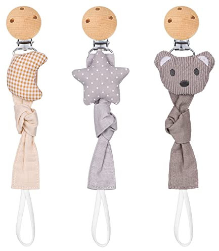 Fanshiontide Holz Schnullerkette, 3 Stck Baby Nuckelkette mit Gestricktes Cartoonbild Riemen für Mädchen, Jungen und Neugeborene(BPA-Frei)