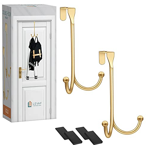 2 Stück Türhaken – mit 2 Aufhängeköpfen und eng anliegenden Pads, robuster Haken zum Aufhängen von Mänteln, Handtüchern, Kappen und Kranz, elegante, matte Oberfläche, ohne Bohren, Organizer – Gold