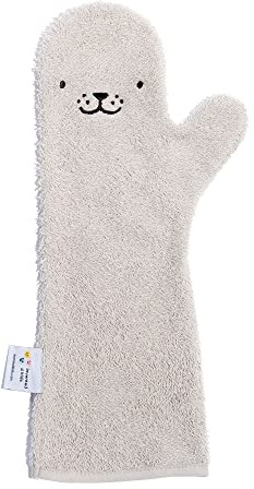 Baby Dusche Handschuh Badespaß und Sicherheit mit Baby duschen und baden - niedliche Tiergesichter (Weiß mit Seelöwe Gesicht)