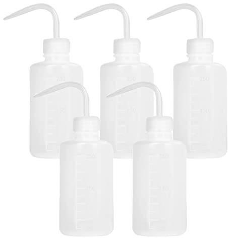 SKYPRO 250ml Plastic Safety Wash Bottle, Lab Squeeze Bottle with Narrow Mouth and Scale Labels, Squirt Bottle For Plant Flower Succulent Watering - 5 Packs