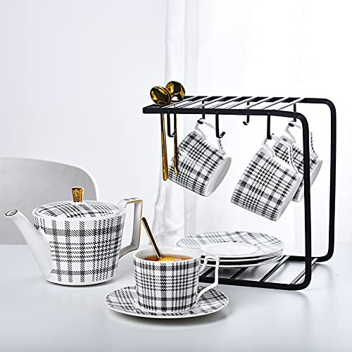 Juego de té de porcelana para adultos Juego de té con tetera Moderno Juego de tazas de café y platillos Tazas de café de cerámica para la oficina en casa, 4 tazas (6 tazas) Decoración