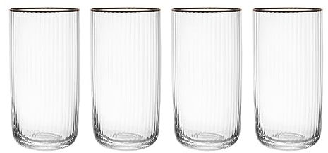 Mikasa Sorrento Vasos Altos de Cristal con Borde Dorado y Forma Ancha, 375 ml, Juego de 4 Vasos Finas Transparentes Sin Plomo, Diseño Elegante para Celebraciones