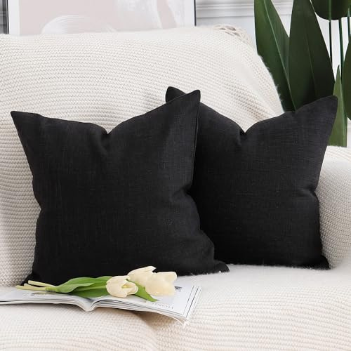 Madizz 2er Set Faux Leinen Kissenbezügen Weich Dekorative Kissenabdeckung für Sofa Schlafzimmer Kissenhülle Schwarz 45x45 cm Quadrat
