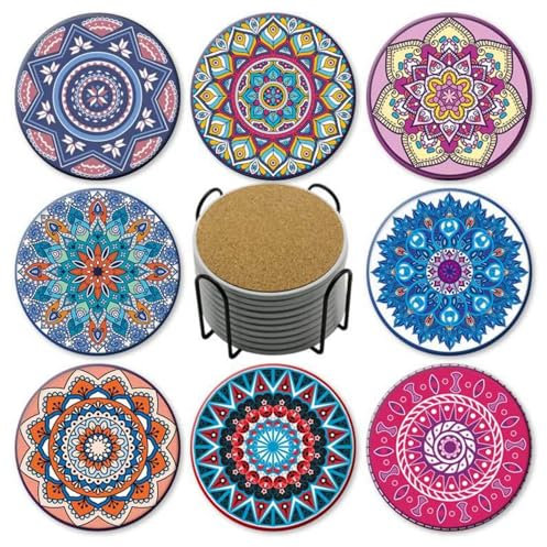 Fenglin-joy Set Untersetzer für Getränke,8 Stück Keramik Untersetzer Boho Saugfähige Mandala Keramik Untersetzer mit Metallhalter für Glas,Tasse und Becher,Einweihungsgeschenk zum Geburtstag