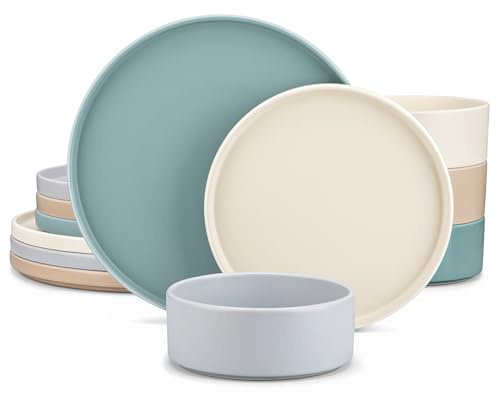 vancasso Venus Matte Dinnerware Set, 12-Piece Colourful Dinner Sets, Stoneware Crockery Set with 4-Piece 10.5in Dinner Plate, 8in Dessert Plate, 720ml Bowl, Modern Style