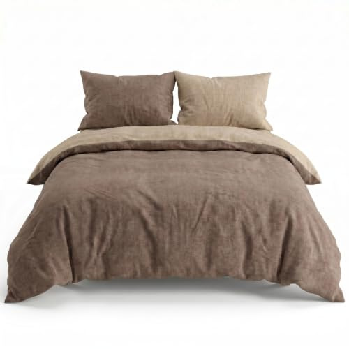 INTRECCI Set Copripiumino Singolo in Flanella di Cotone 100% | Parure Letto Invernale Felpata, Morbida | Sacco 155x200 cm + 1 Federa 50x80 cm, Effetto Tinto in Filo Double Face | Colore: Tortora/Crema
