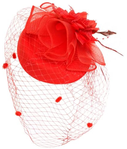 Fascinateur Femme Mariage Courses Coiffe Fleur Voile Clip Élégant, Rouge, Taille Unique