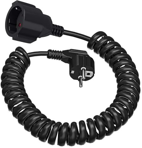 Schuko Verlängerungskabel 2m, Schutzkontakt Spiralkabel 3x1mm², 0,6m bis 2 m Max, IP44 Verlängerungsleitung(230V/16 A), Schuko Stecker mit Kupplung für Zuhause, Büro, Außenbereich, Schwarz