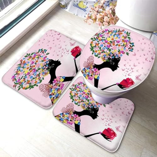 Bathroom Mat Sets 3 Piece Pink Butterfly Girl Teacup Flower Dress Fairy Angel Wing Fantasy Folk Print 3 Piece Bathroom Rug Set Decorations Door Mat, For Floor Tub, Outdoor