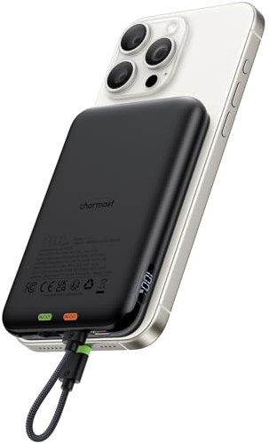 Charmast Mini Powerbank 20W PD 10000mAh Power Bank mit integriertes Ladekabel für iPhone,USB C Externer Akku Anti-Rutsch Tragbares Ladegerät Kompatibel mit iPhone 14/13/12 Handys