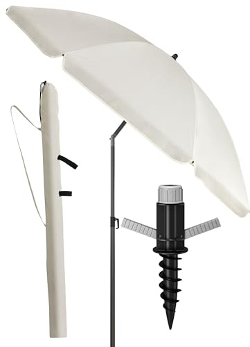 Menz Sonnenschirm Strand UPF 50 mit Bodenhülse, Ø 180 cm, Fb. Beige | 3-in-1 Set, Strandschirm mit Bodenhülse & Schutzhülle, Strandschirm UV-Schutz 50+, Sonnenschirm windfest stabil