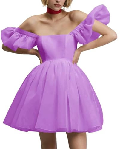 Robe de soirée à épaules dénudées pour femmes, manches bouffantes, organza courte, robe de bal, de cocktail, de soirée, lilas, 36