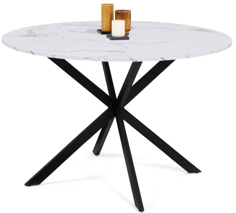 IDMarket - Table à Manger Ronde ALIX 4-6 personnes pied araignée métal Noir et Plateau Effet marbre Blanc Alaska 110 cm