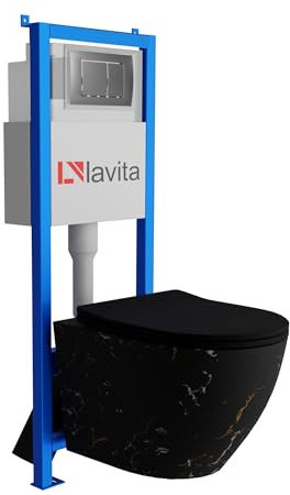 Lavita LAV 101 Vorwandelement für WC 40cm + Wand Hänge Tiefspül WC SOFI SLIM FIRE Schwarz Spülrandlos + Bedienplatte LAV 200.1.3 Satin | Komplettset | Unterputz Spülkasten | Toilette Komplett Sett