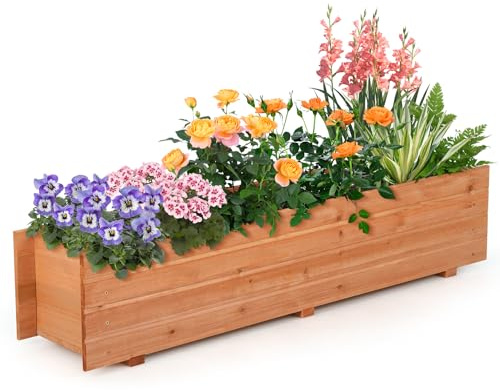 TANGZON Wooden Garden Planter, Heavy Duty Rectangular Trough Box with 2/4 Drainage Holes, Indoor Outdoor Raised Flower Bed for Patio Balcony Backyard (Orange, 110 x 27 x 26 cm)