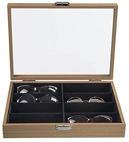 LAUBLUST Scatola per occhiali MDF 8 scomparti - circa 35 x 26 x 7 cm, marrone naturale | Custodia per occhiali con coperchio in vetro