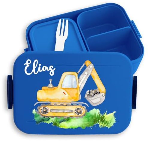 Kinder Bento Box Midi Lunchbox für Mepal Bentobox - Bagger mit Name Baustellen Fahrzeug Bagger-Fan Baufahrzeug Baumaschine - 900 ml - Blau - dose und personalisierte brotdosen baustellenfahrzeuge