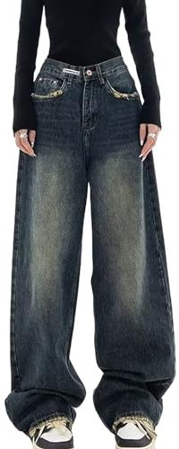 Baggy Jeans Dam Baggy Y2k Pojkvän Jeans Hög Midja Hip Hop Rak Vintage Denim Byxor Sommar Fritid Streetwear Byxor Breda Ben JeansTonåring Streetwear (Color : Blue, Size : S)