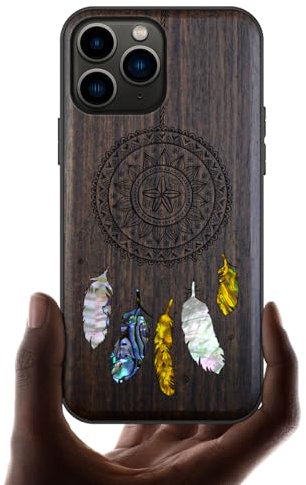 Carveit Étui pour iPhone 11 Pro Coque [Gravure en Bois et Incrustation de Coquille] Cover Compatible avec Apple 11 Pro Etui Bois Luxe et Case (Bois Sombre-L'étreinte de Dreamcatcher)