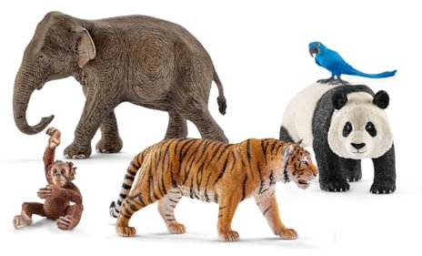 schleich Wild Life | Set Animali della Giungla 77588 con Elefante, Panda, Tigre, Pappagallo e Cucciolo di Scimmia | Giocattolo educativo dai 3 Anni | Set da 5 Pezzi | Esclusiva Amazon