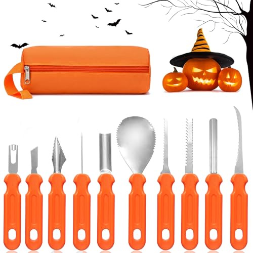 Chingcoo Halloween Kürbis Schnitzset, 10 Stück Edelstahl kürbisschnitzwerkzeuge, Halloween Kürbis Schnitzen Werkzeug mit Aufbewahrungstasche, Schnitzwerkzeug Kürbis für Erwachsene und Kinder DIY