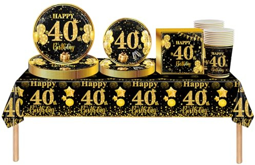 69pcs Black Gold 40th Decorations - Tableware, Tablecloth, Plates, Napkins, Cups for Birthday Gifts