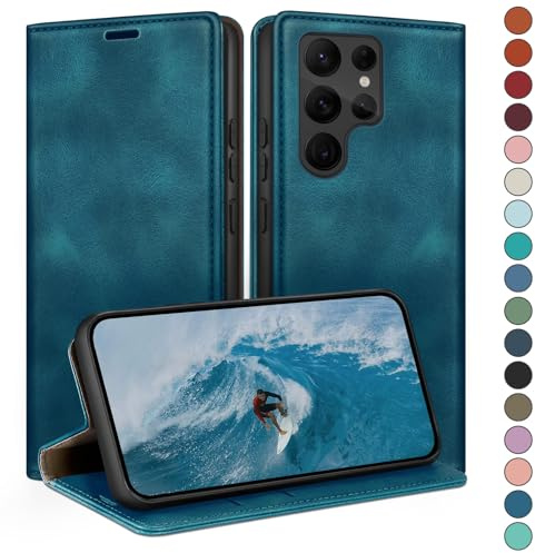 HUOUH für Samsung Galaxy S24 Ultra Hülle mit RFID Schutzhülle aus Lederhülle Handyhülle,Kartenfach Leder ständer Handy hülle,360 Grad Schutz Cover für Samsung S24 Ultra Klapphülle Wallet Case Türkis