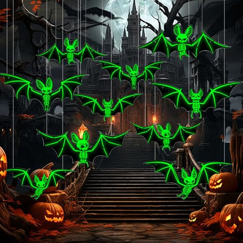 Halloween Deko, 10 Stück Halloween Fledermaus Deko Leuchtender Outdoor Decorations Wasserdichtes PVC Wanddeko Horror für Partydekorationen