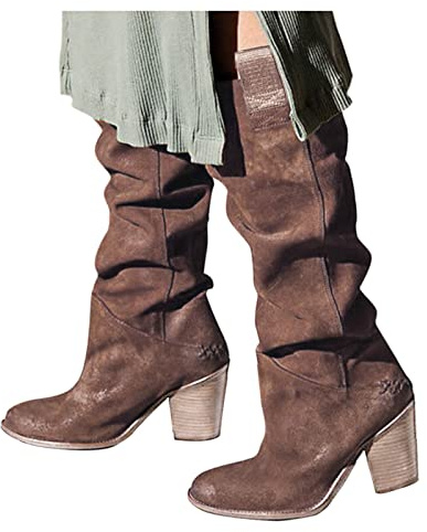 Slip-on stövlar dam med klack – mocka stövlar blockklack knähöga stövlar spettå lång axel västerländska stövlar casual Overknees stövlar biker stövlar damstövlar cowboystövlar, kaffe, 38 EU