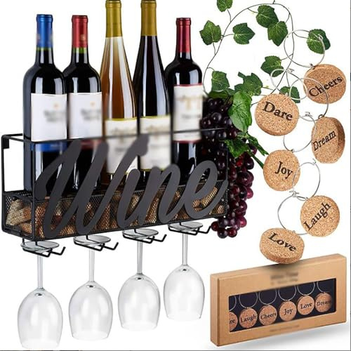 ICEMOB Professionale Porta Bottiglie di Vino,Porta Calici da Parete,Cantinetta Vino con 6 Ciondoli per Vino in Sughero,Mobile Vino per Cucina, Casa,Bar,Metallo Scaffale Vino