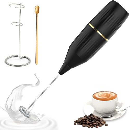 Homexup Handheld Milk Frother 14,000 RPM Drink Mixer Wand with Stand & Stirring Spoon Quiet One-Button Operation, Non-Slip Handle, Detachable Whisk Head for Coffee, Lattes, Cappuccinos, Matcha (Black)