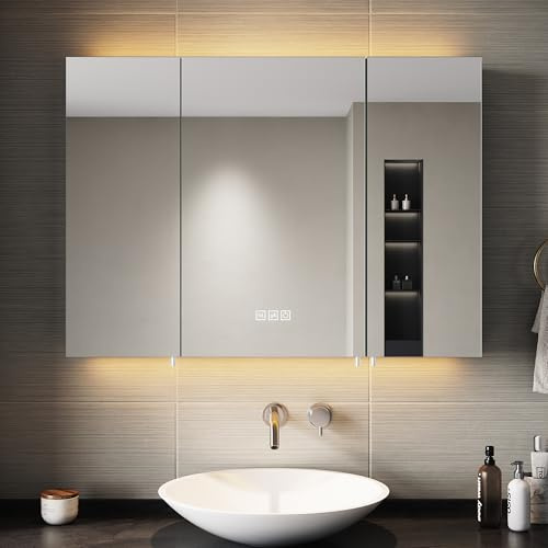 SIRHONA Armoire de Toilette Miroir, Armoire Murale avec Éclairage LED et Prises de Courant, Interrupteurs à Commande Tactile, Dimmable,avec Rangement et Étagères en Verre Réglables, 90 x 65.5 x 13cm