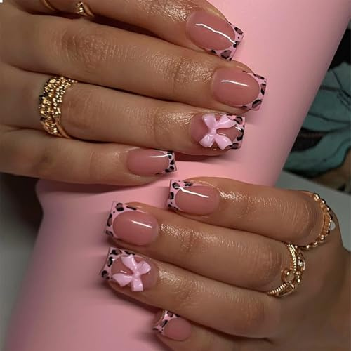 GlamRays 24 Pcs Leopard French Tip Press On Nails Short Square False Nails Pink Glossy Keyhole Design Full Coverage Nude Adhesive Nail Cute False Nails
