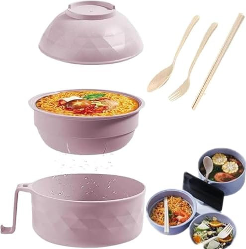 6 Piezas Juego de Cuencos para Ramen con Drenaje y Tapa,Incluye Cuchara,Palillos y Escurridor, Bol para Fideos Japoneses, Udon, Microondas y Lavavajillas,bol de ramen con tapa a prueba de fugas(rosa)