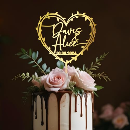 Party to Be Personalized Wedding Cake Topper in Acrylic with Custom Names and Date Wedding Anniversary Cake Decoration Heart Wreath Design