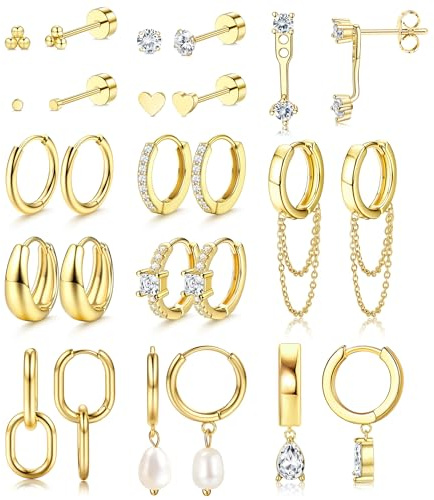 KALVICA 13 Paar 14K Vergoldete Ohrringe Gold Set für Damen: Medizinische Ohrstecker, Goldene Creolen, Hypoallergene Chirurgenstahl Edelstahl Ohrringe, Helix Piercings, ohr Schmuck