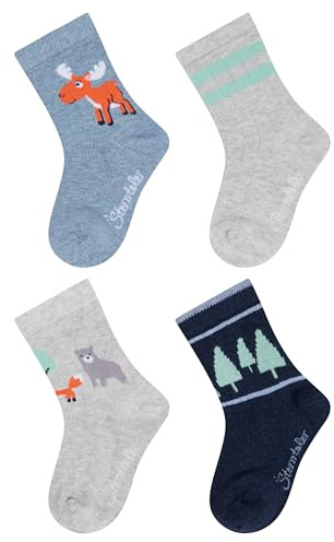 Sterntaler Kinder Socken Jungen Set 4er Pack – lange Baby - und Kindersocken mit Motiv Elch, Ringel, Waldtiere und Bäume – elastische Baumwollsocken mit Rippenstruktur – blau, Größe 26
