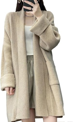 Suncadmious Cardigan oversize primaverile da Donna lungo cardigan largo a maniche lunghe spesso in maglia con collo a scialle risvolto a maniche lunghe cardigan giacca (Mandorla,Taglia unica)