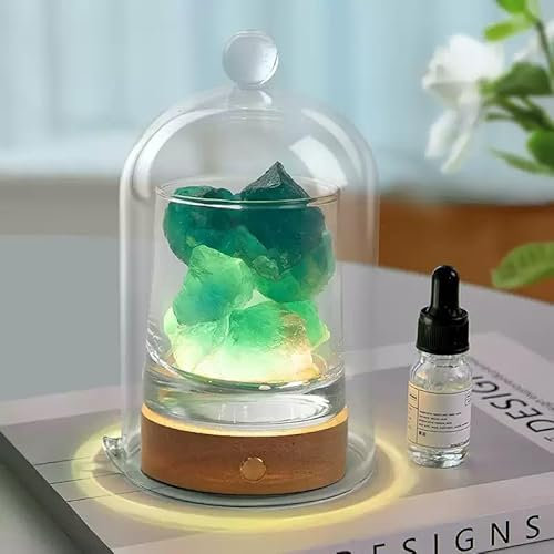 2 in 1 Himalayan Salt Lamp and Ultrasonic Essential Oil Diffuser, Fire Free Aromatherapy Light with 2 Essential Oils, Aromatherapy, 3 Colors USB Rechargeable with Dust Glass Cover (Green Crystal)
