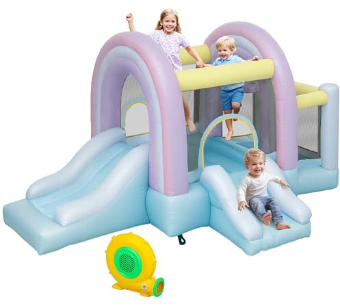 AIYAPLAY Hüpfburg mit Gebläse, Rutsche, Sprung, Basketballkorb Aufblasbare Springburg mit Tragetasche für Indoor Outdoor für Kinder von 3-8 Jahren, 340 x 220 x 180 cm