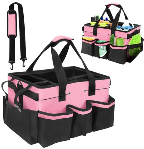 Yallmie Cleaning Caddy Bag with Handle, Cleaning Products Organiser Adjustable Gardening Tool Storage Bag, Caddy Organiser Large Multi Pocket Bucket Tool Bag for Home, Car, Garden, Craft (Pink)