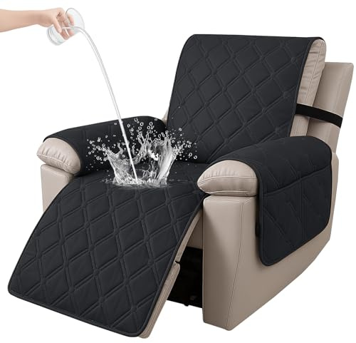 Ystyle Sesselschoner für Fernsehsessel, 100% Wasserdicht 1 Sitzer Sesselschoner mit Taschen Armlehne, rutschfest Sesselauflage Relaxsessel Anti-Rutsch Waschmaschinenfest, Schwarz