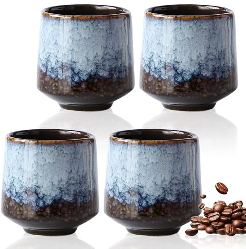 Goldmeet Lot de 4 tasses à café en céramique de 220 ml - Pour thé, latte, cappuccino, chocolat chaud, lait - Bleu - Passe au micro-ondes et au congélateur, service à thé en porcelaine, coffret cadeau